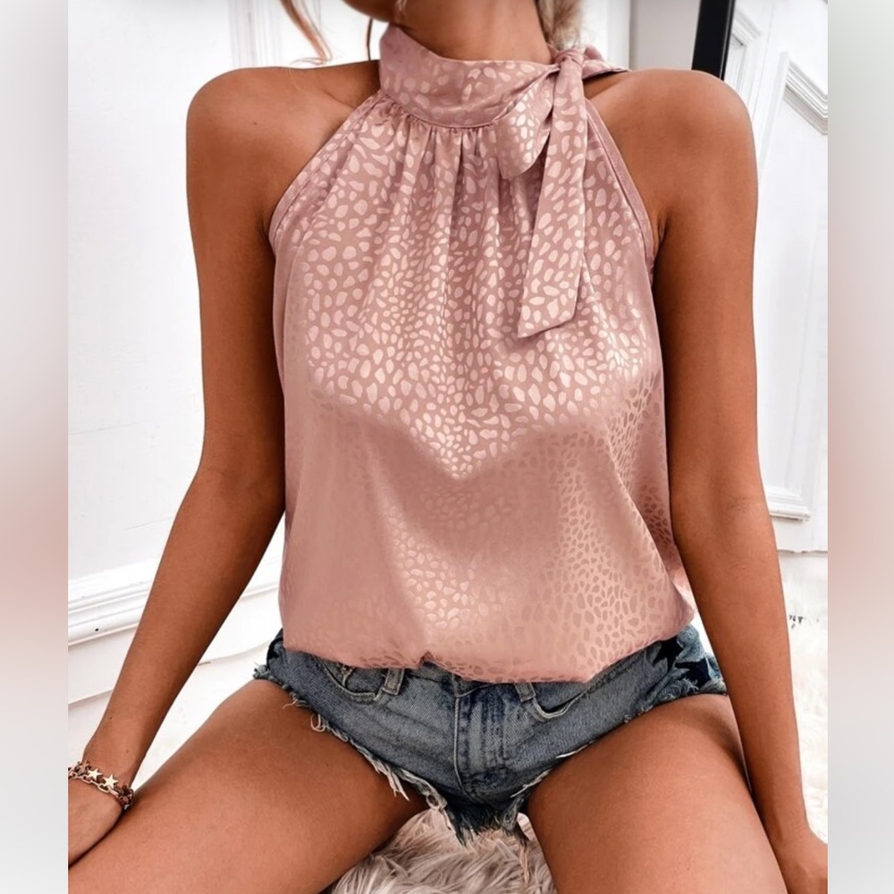 Shein rose gold leopard print sleeveless silky tie mock neck babydoll top Size M
